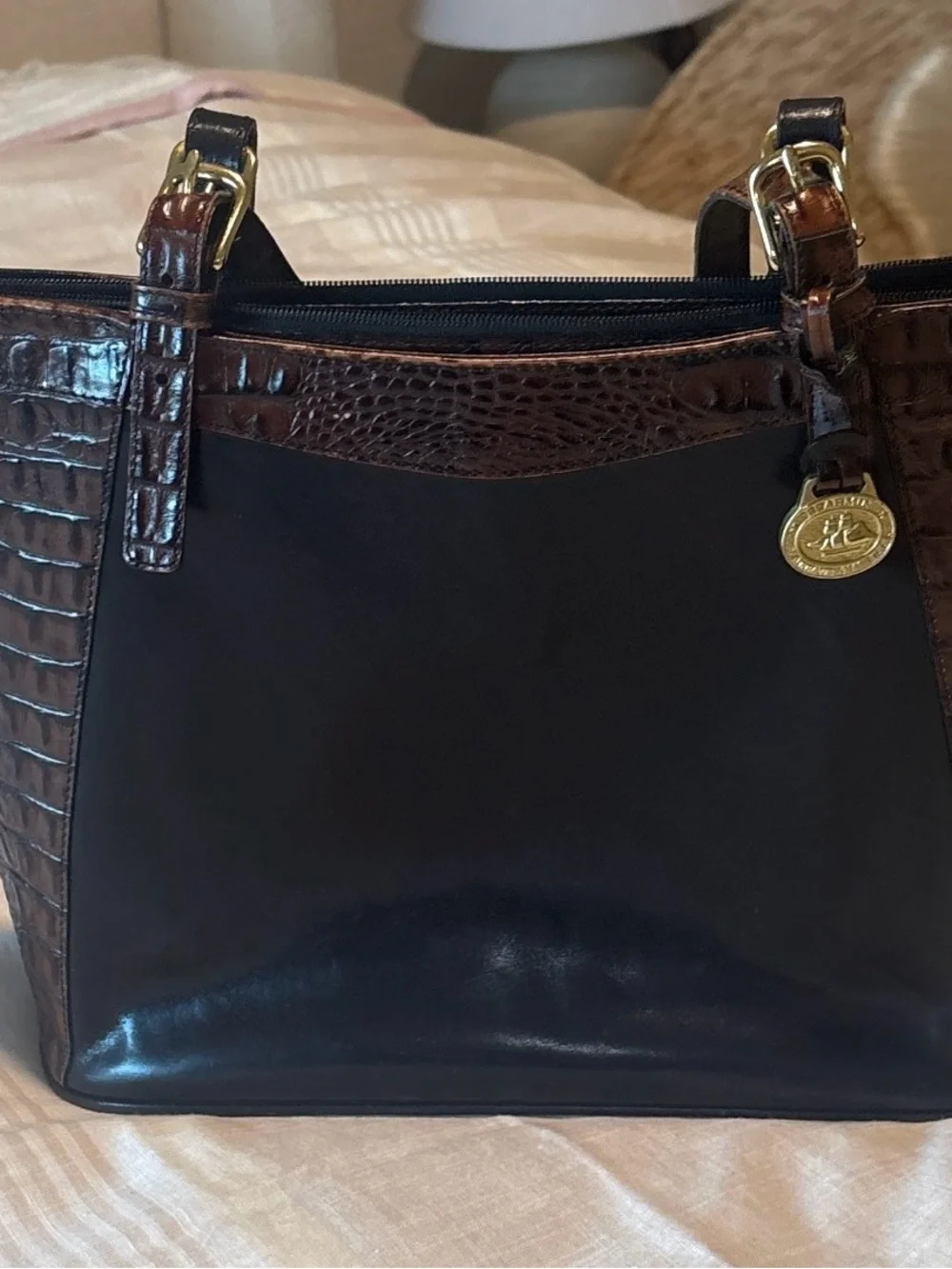 BRAHMIN Tuscan Croc Black Brown Leather Shoulder Bag Tote Handbag Purse